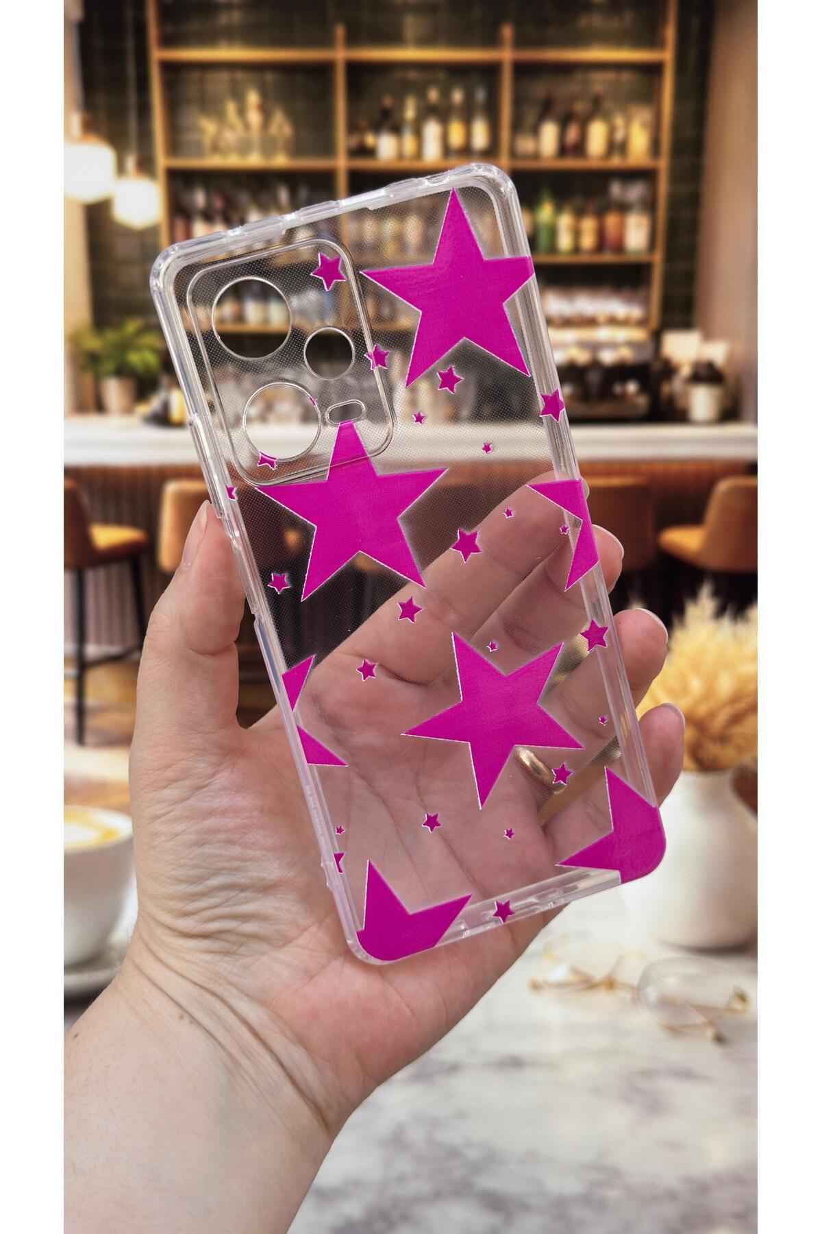 Redmi Note 12 Pro 5G Uyumlu Pembe Yıldız Desenli Şeffaf Darbe Emici Kamera Korumalı Clear Kılıf