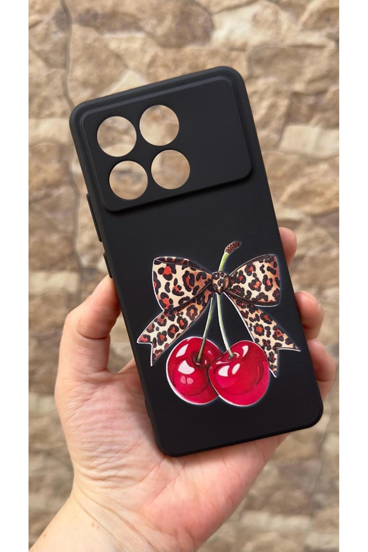 Poco X6 Pro 5G Uyumlu Kiraz Leopar Fiyonk Desenli Silikon Darbe Emici Klasik Korumalı Rubber Kılıf