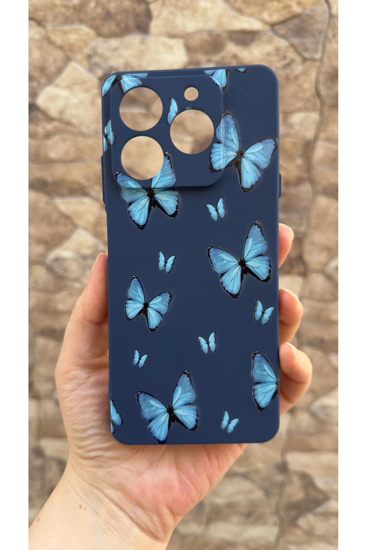 General Mobile Era 50 Uyumlu Mavi Kelebek Desenli Silikon Darbe Emici Klasik Korumalı Rubber Kılıf
