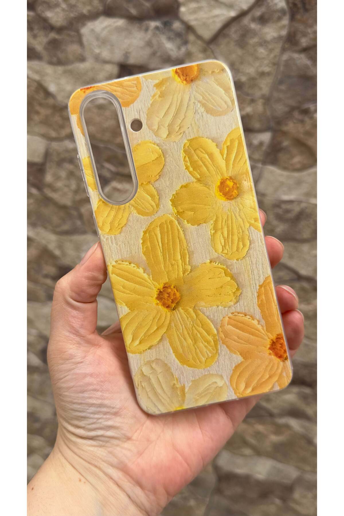 Galaxy S25 FE Uyumlu Sarı Çiçek Desenli Şeffaf Darbe Emici Kamera Korumalı Clear Kılıf