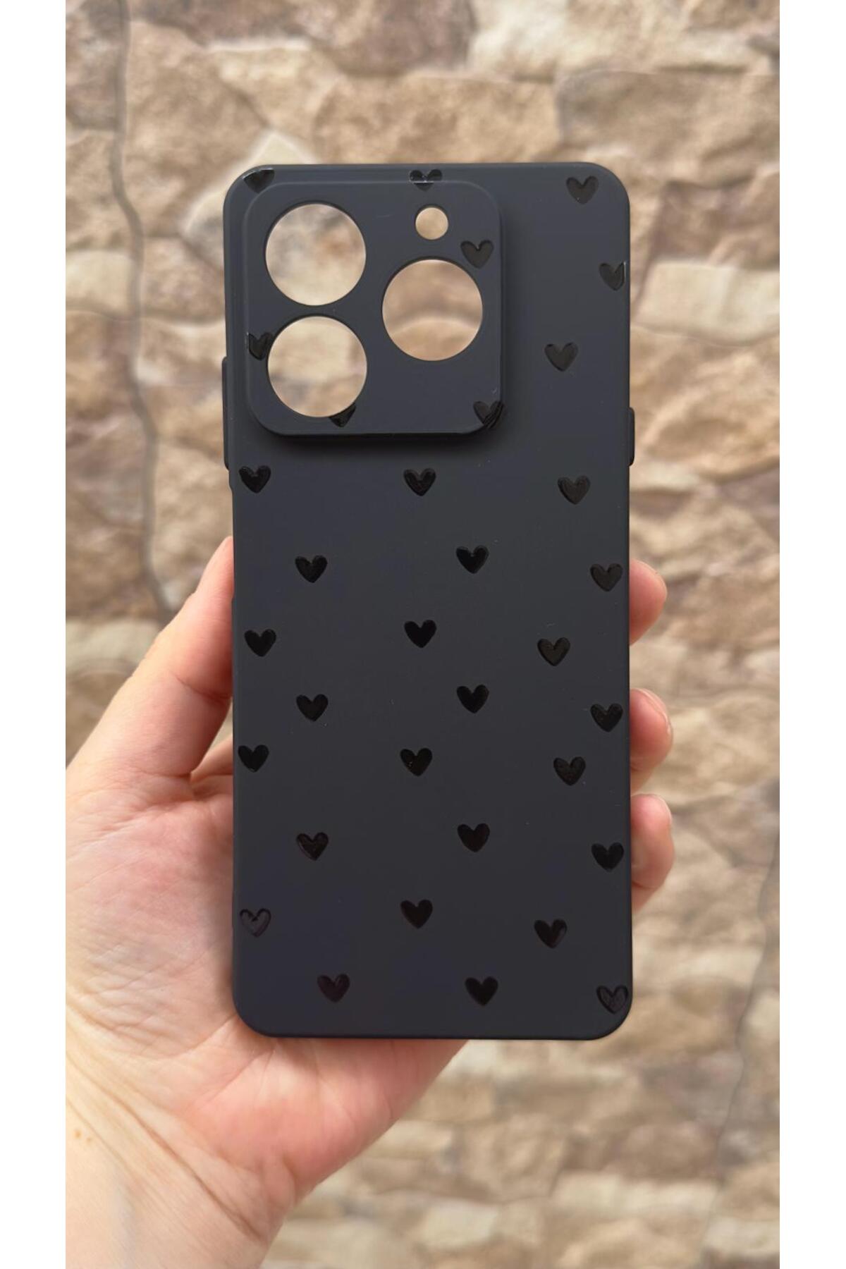 General Mobile Era 50 Uyumlu Mini Siyah Kalp Desenli Silikon Darbe Emici Klasik Korumalı Rubber Kılıf