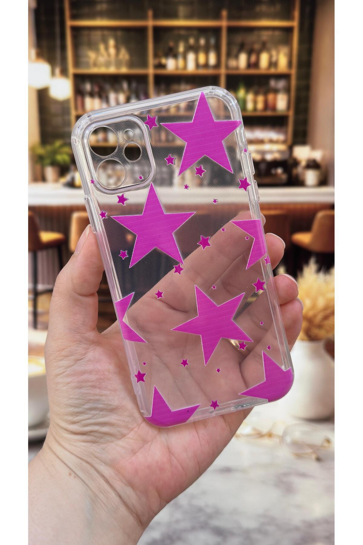 Iphone 11 Uyumlu Pembe Yıldız Desenli Şeffaf Darbe Emici Kamera Korumalı Clear Kılıf