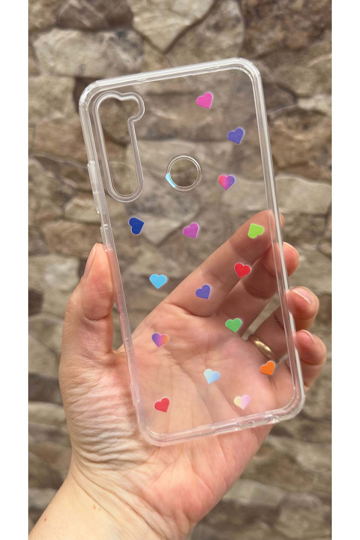 Redmi Note 8 Uyumlu Renkli Mini Kalp Desenli Şeffaf Darbe Emici Kamera Korumalı Clear Kılıf