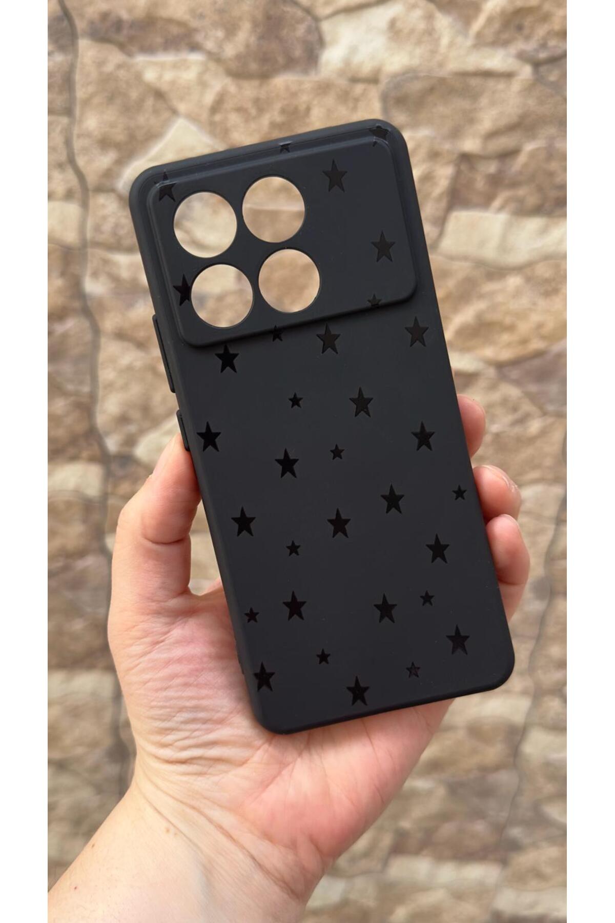 Poco X6 Pro 5G Uyumlu Mini Siyah Yıldız Desenli Silikon Darbe Emici Klasik Korumalı Rubber Kılıf