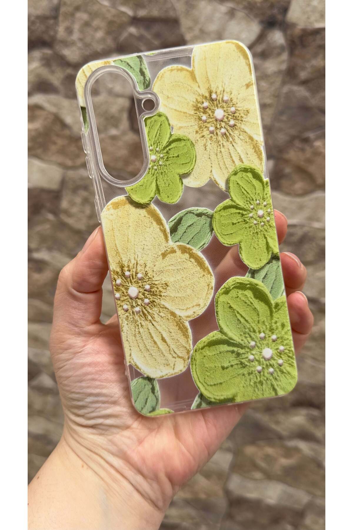 Galaxy A26 Uyumlu Yeşil Çiçek Desenli Şeffaf Darbe Emici Kamera Korumalı Clear Kılıf