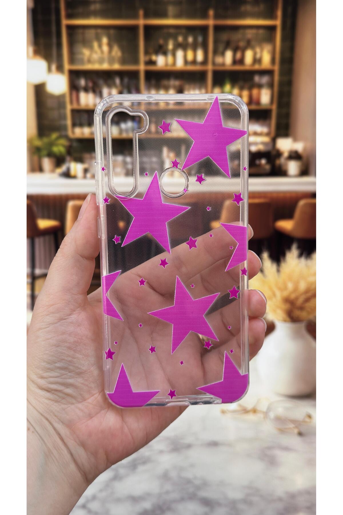 Redmi Note 8 Uyumlu Pembe Yıldız Desenli Şeffaf Darbe Emici Kamera Korumalı Clear Kılıf