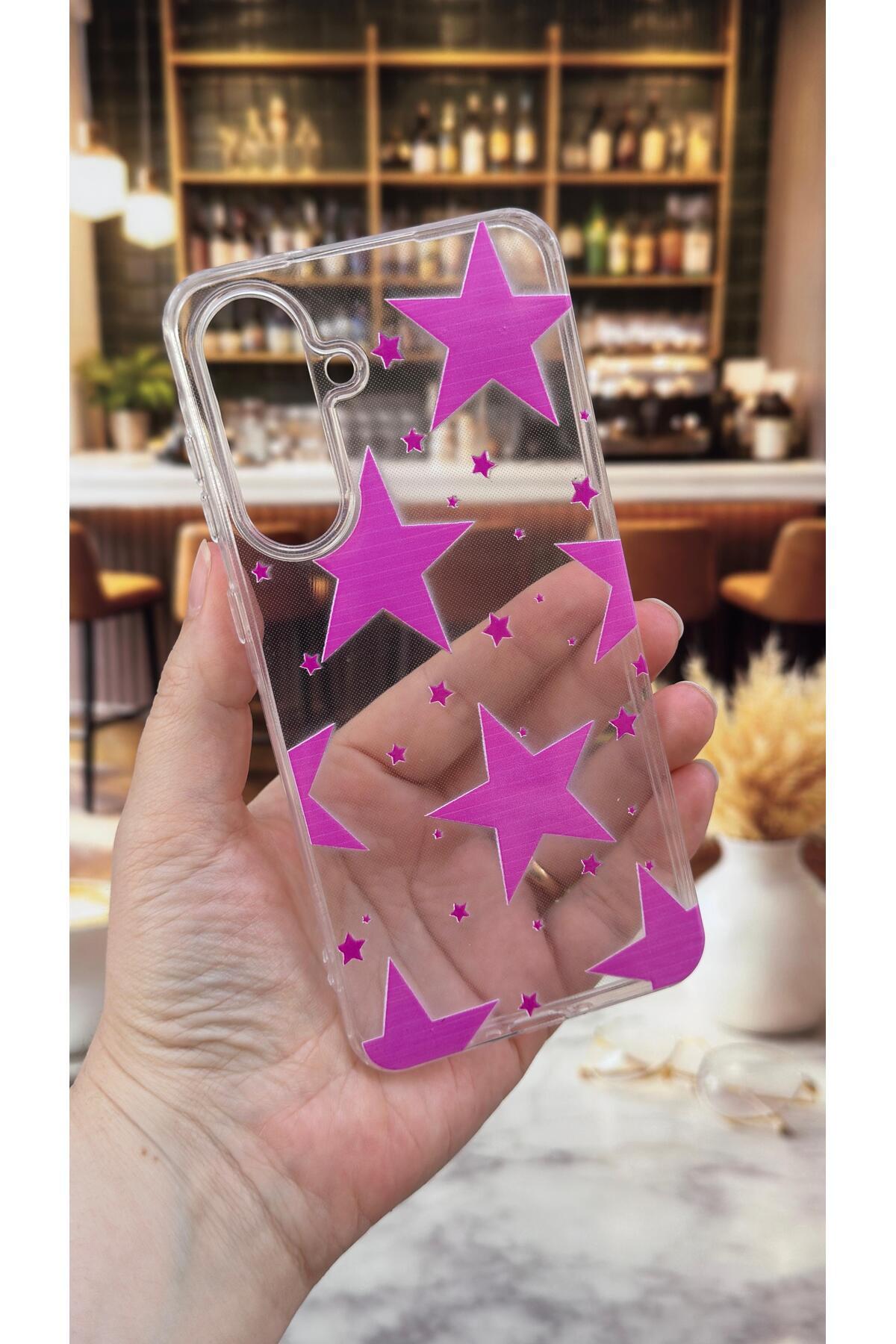 Samsung A36 Uyumlu Pembe Yıldız Desenli Şeffaf Darbe Emici Kamera Korumalı Clear Kılıf