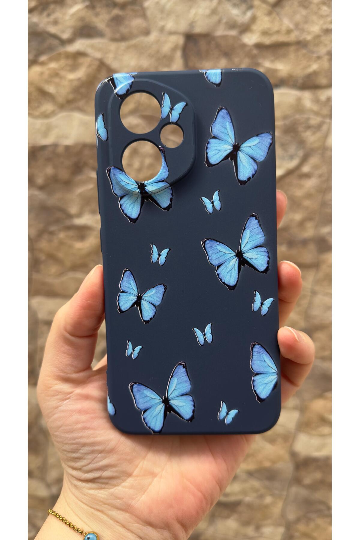 Honor 400 Uyumlu Mavi Kelebek Desenli Silikon Darbe Emici Klasik Korumalı Rubber Kılıf