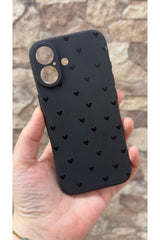 iPhone 17 Uyumlu Mini Siyah Kalp Desenli Silikon Darbe Emici Klasik Korumalı Rubber Kılıf