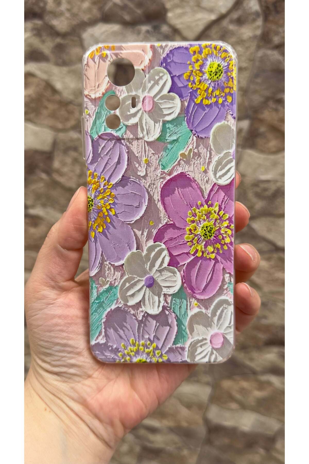 Redmi Note 12S Uyumlu Mor Çiçek Desenli Şeffaf Darbe Emici Kamera Korumalı Clear Kılıf