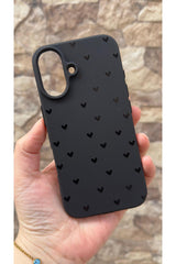 iPhone 16 Uyumlu Mini Siyah Kalp Desenli Silikon Darbe Emici Klasik Korumalı Rubber Kılıf
