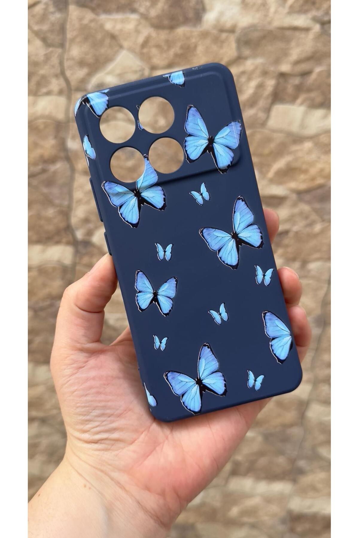 Poco X6 Pro 5G Uyumlu Mavi Kelebek Desenli Silikon Darbe Emici Klasik Korumalı Rubber Kılıf