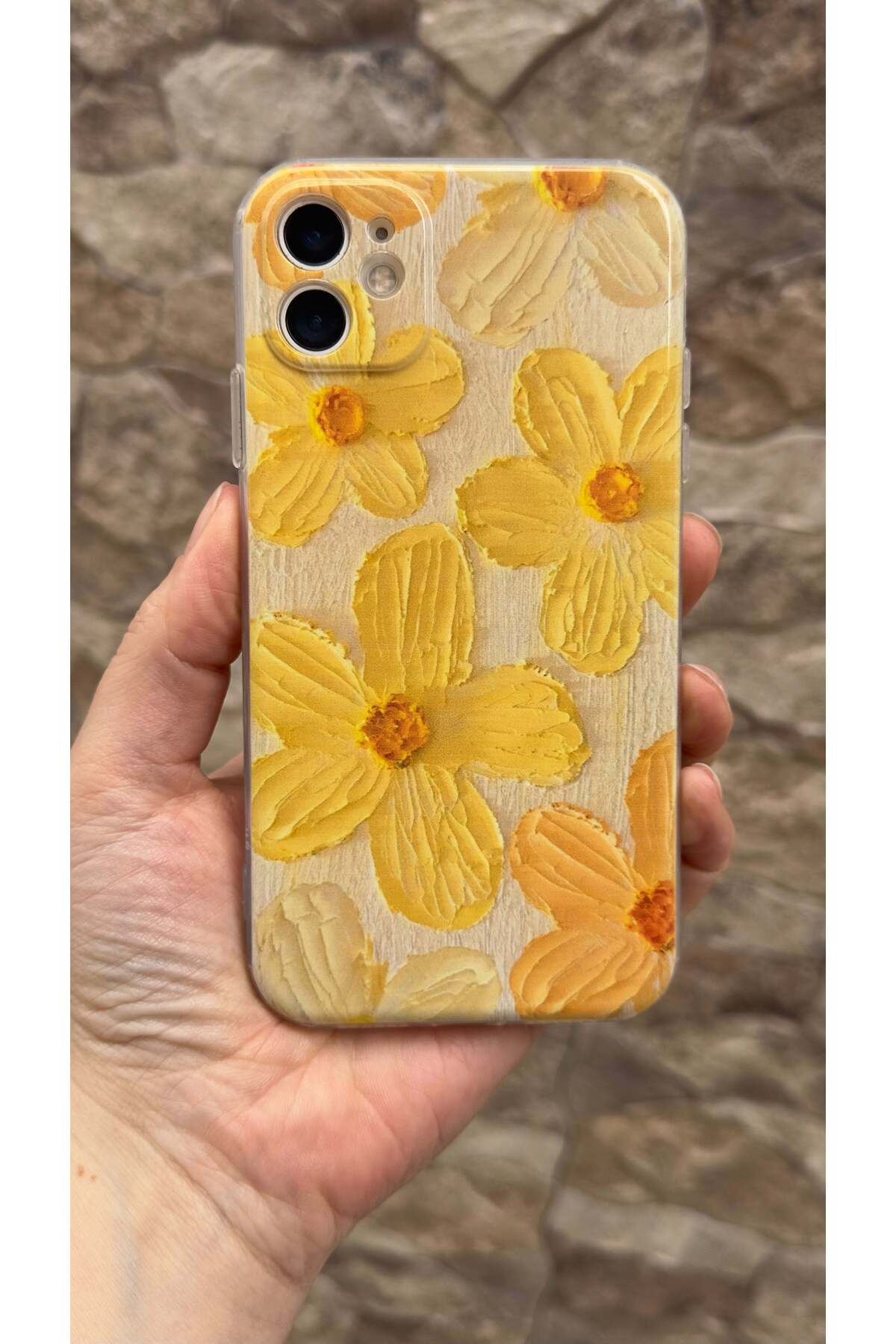 iPhone 11 Uyumlu Sarı Çiçek Desenli Şeffaf Darbe Emici Kamera Korumalı Clear Kılıf