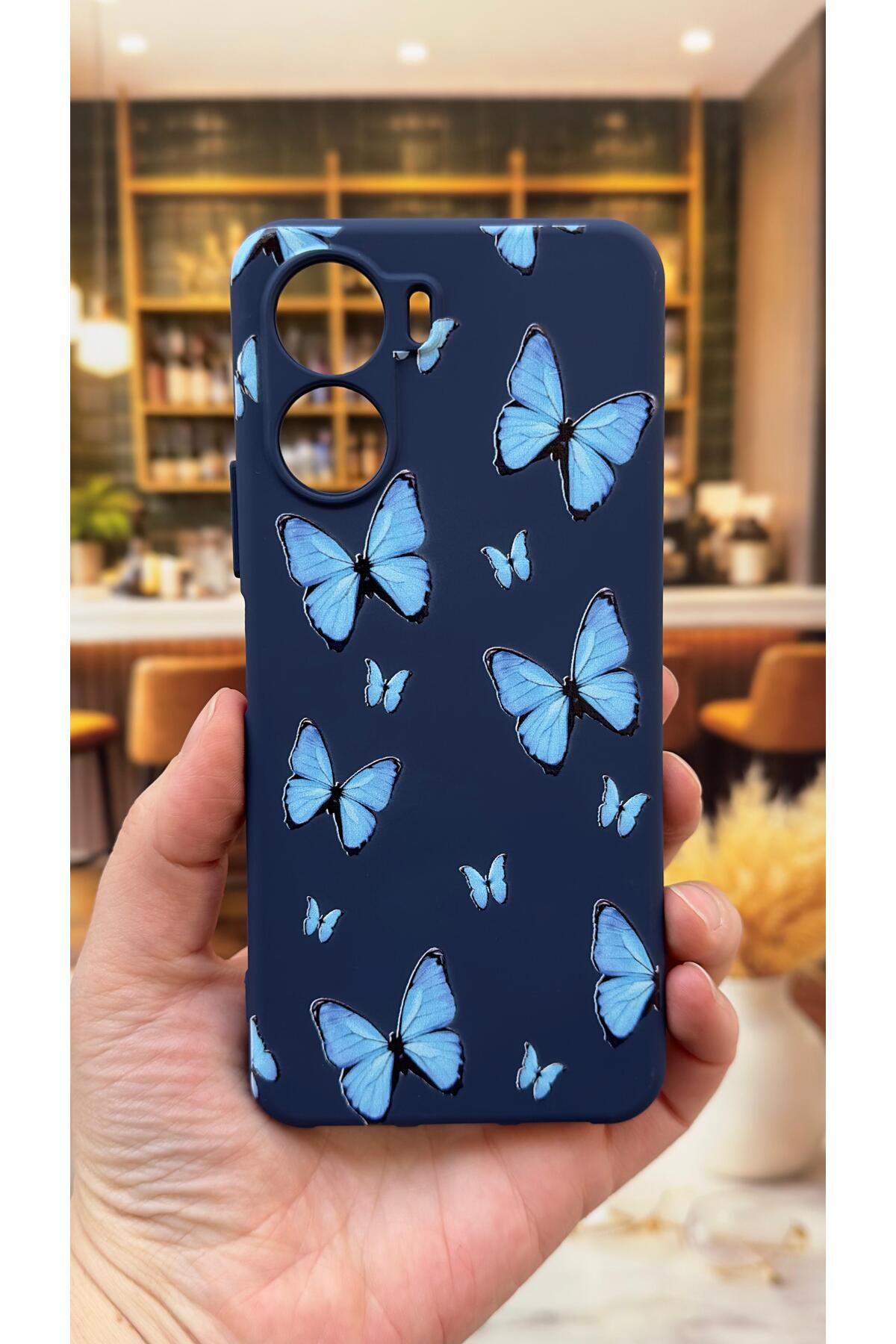 Vivo Y16 Uyumlu Mavi Kelebek Desenli Silikon Darbe Emici Klasik Korumalı Rubber Kılıf