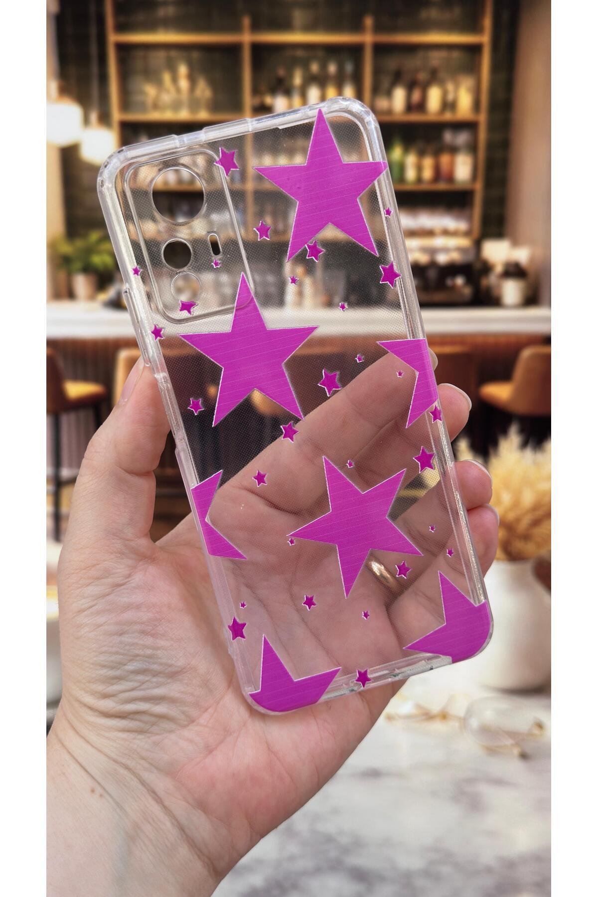 Redmi Note 12S Uyumlu Pembe Yıldız Desenli Şeffaf Darbe Emici Kamera Korumalı Clear Kılıf