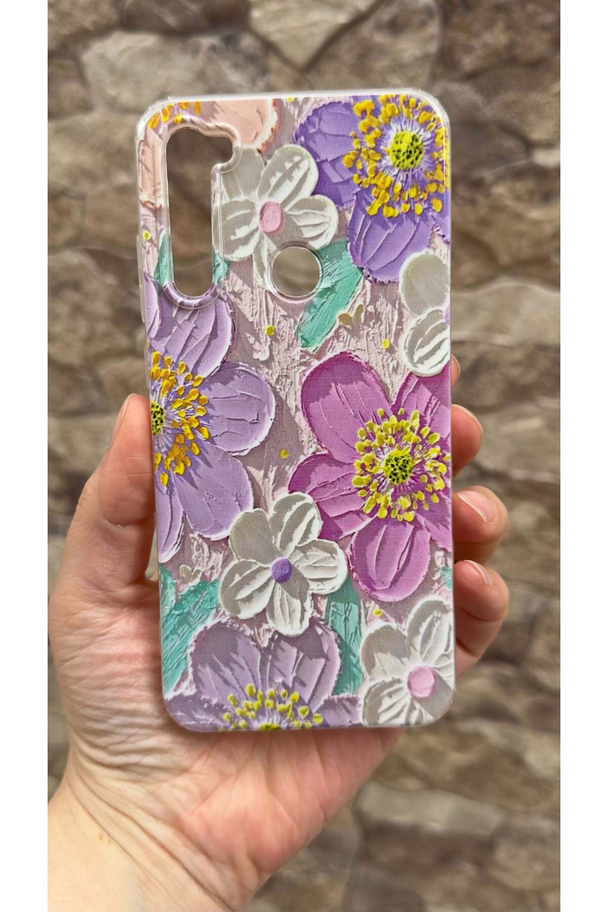 Redmi Note 8 Uyumlu Mor Çiçek Desenli Şeffaf Darbe Emici Kamera Korumalı Clear Kılıf
