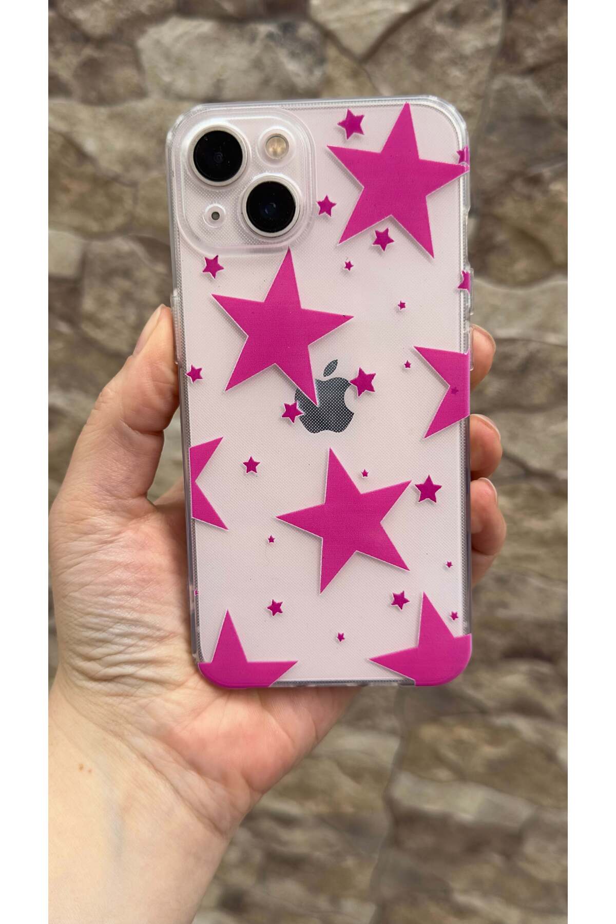 iPhone 13 Uyumlu Pembe Renkli Yıldız Desenli Şeffaf Darbe Emici Kamera Korumalı Clear Kılıf