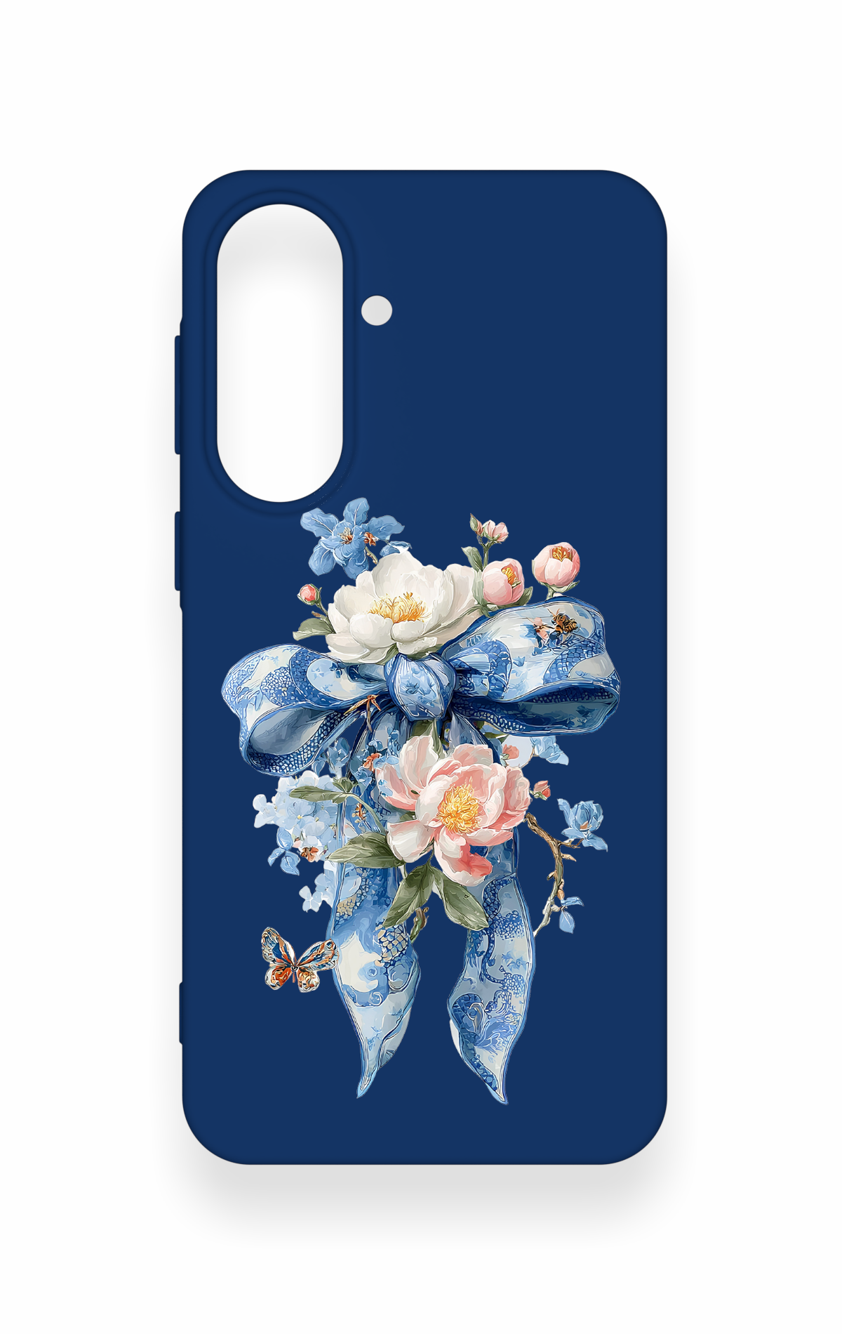 Samsung A37 Uyumlu Mavi Kurdeleli Çiçek Desenli Silikon Kılıf