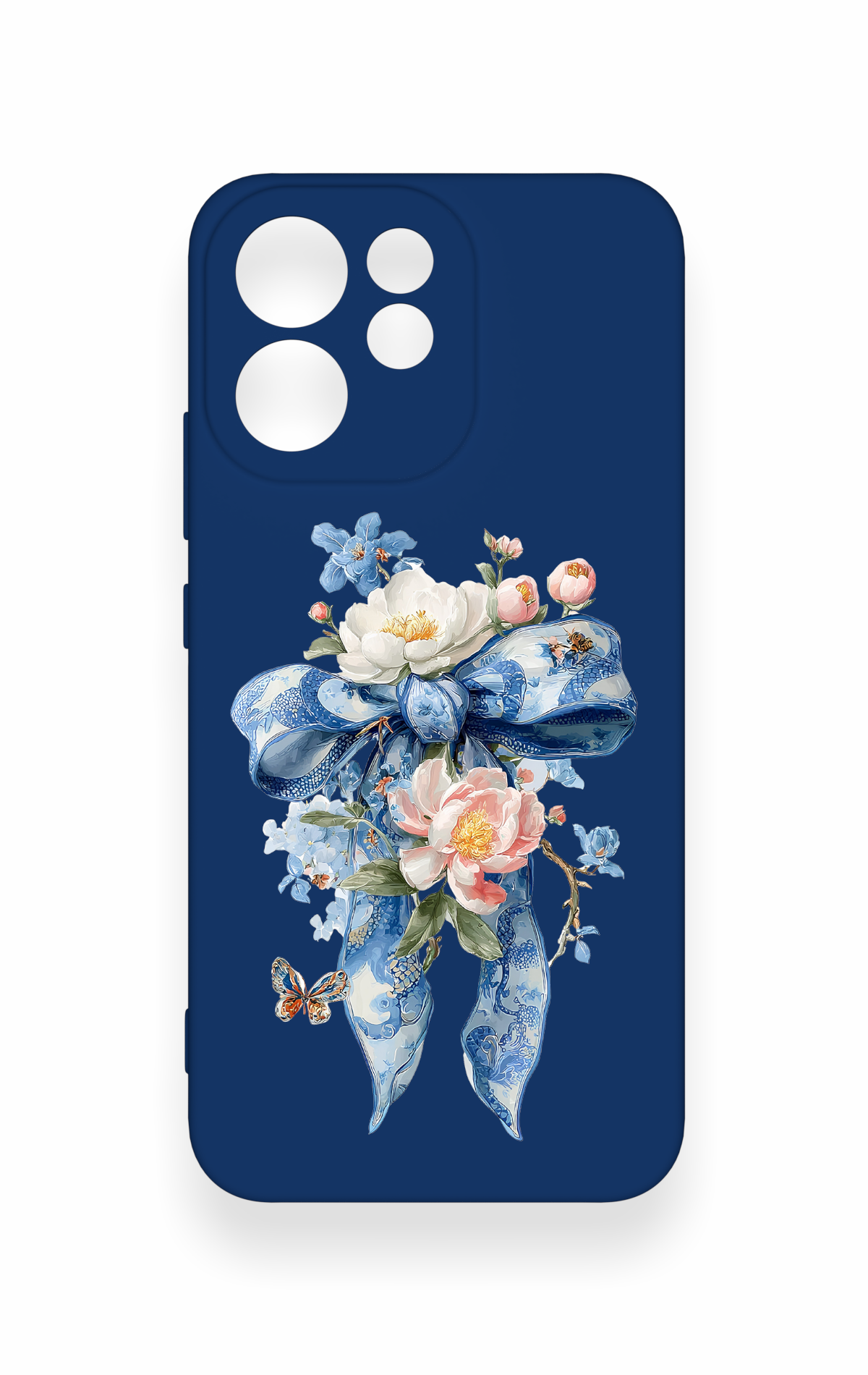 Oppo Reno 15F Uyumlu Mavi Kurdeleli Çiçek Desenli Silikon Kılıf