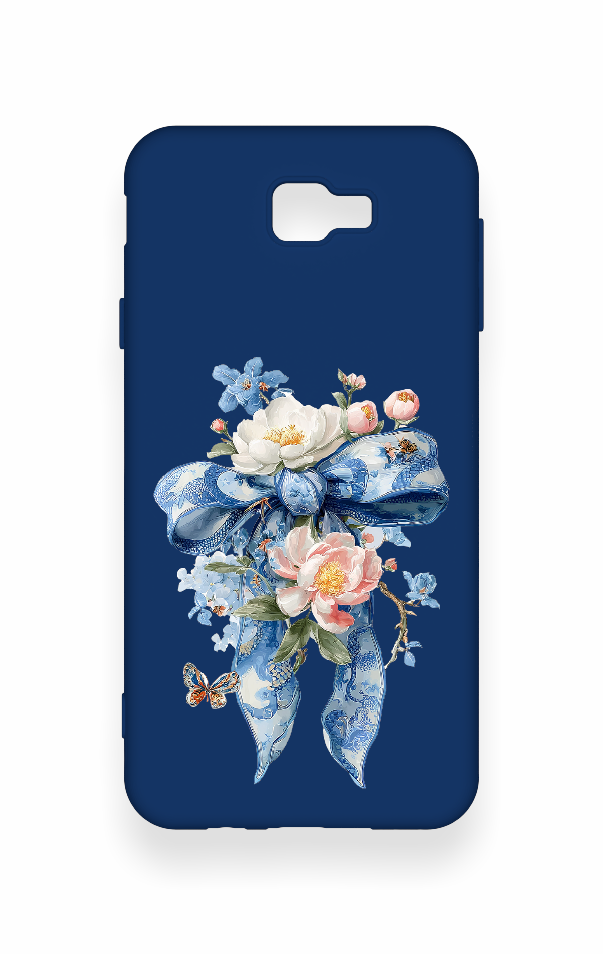 Samsung J7 Prime Uyumlu Mavi Kurdeleli Çiçek Desenli Silikon Kılıf