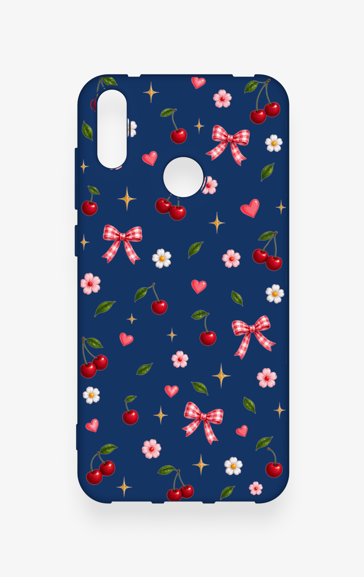 Huawei Y7 2019 Uyumlu Çiçek Kiraz Fiyonk Desenli Silikon Kılıf