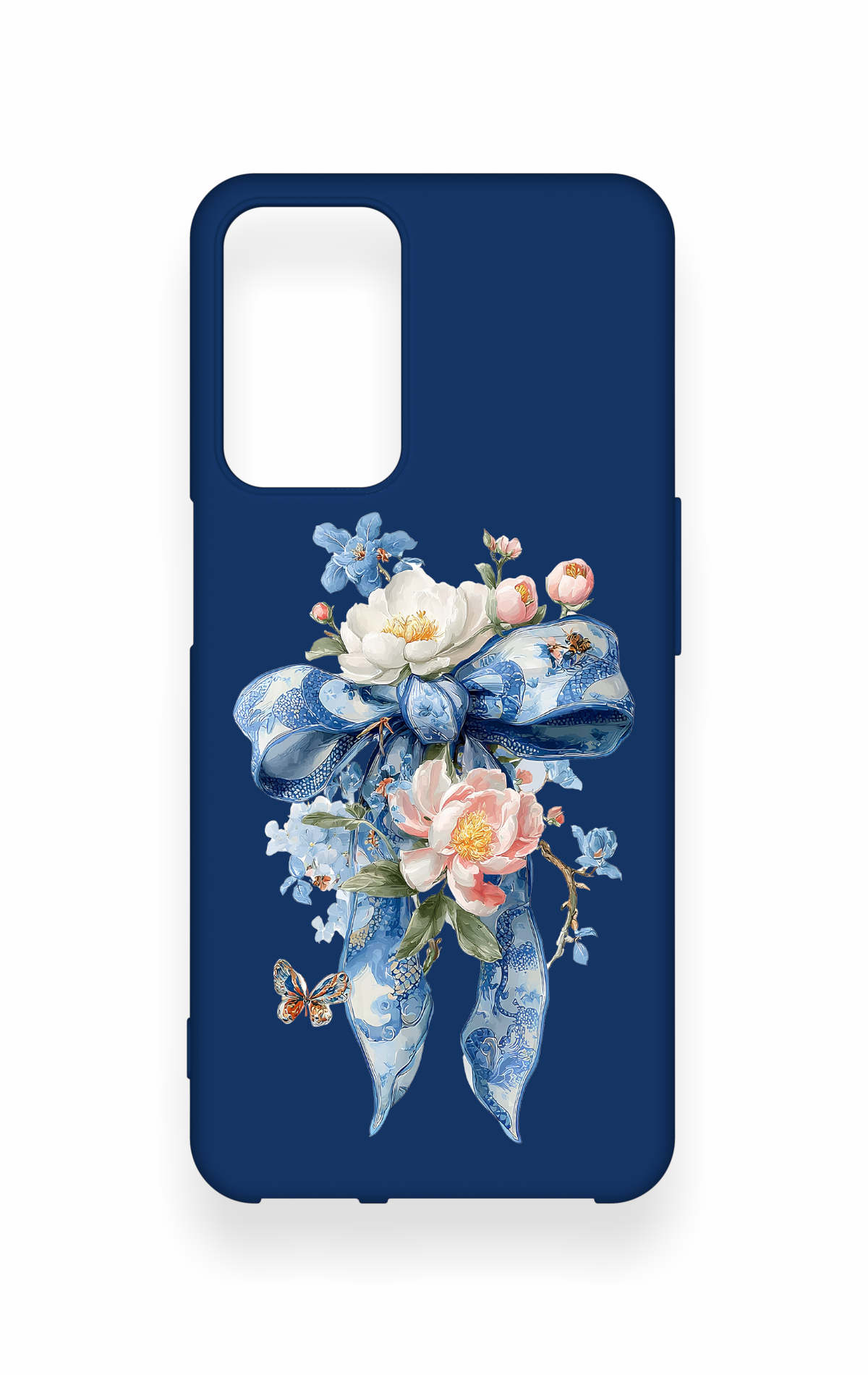 Oppo A16 Uyumlu Mavi Kurdeleli Çiçek Desenli Silikon Kılıf
