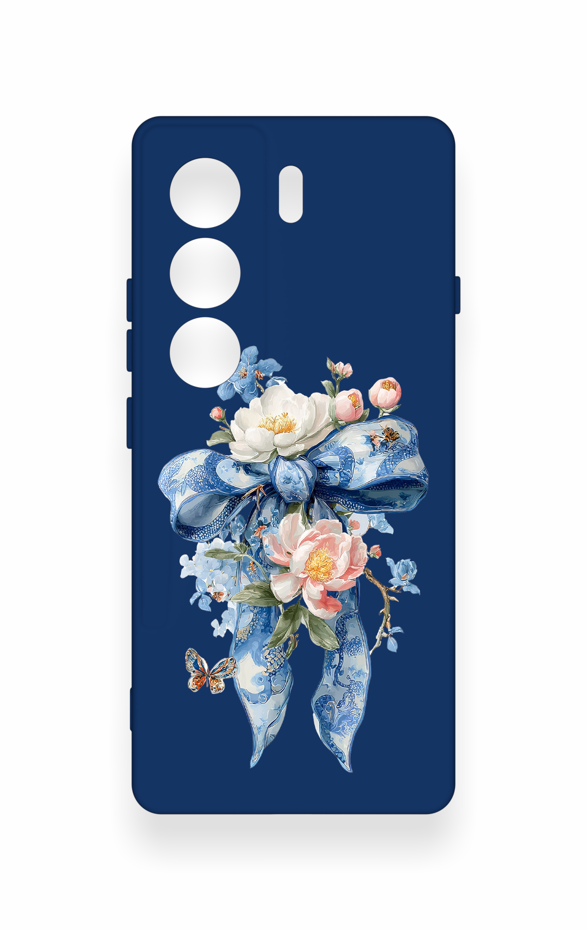Tecno Camon 40 4G Uyumlu Mavi Kurdeleli Çiçek Desenli Silikon Kılıf