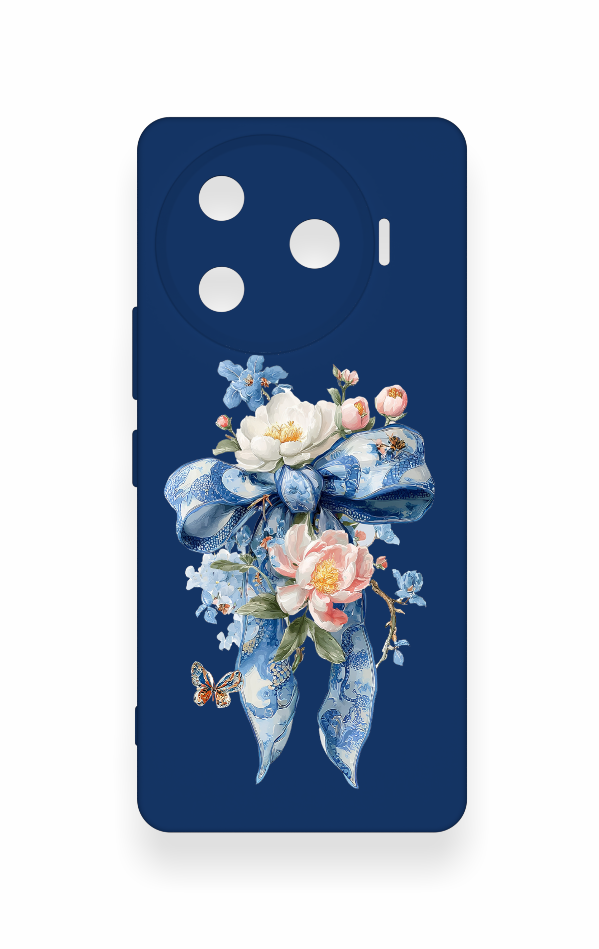 Tecno Camon 30 Pro 5G Uyumlu Mavi Kurdeleli Çiçek Desenli Silikon Kılıf