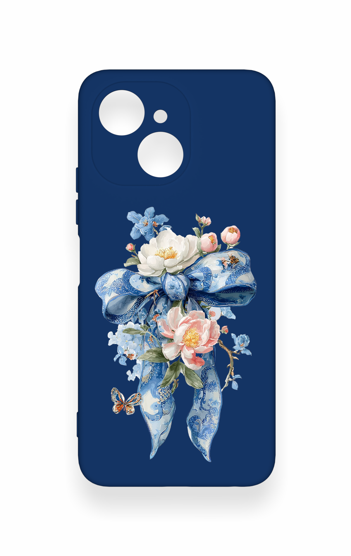 Tecno Spark 40C Uyumlu Mavi Kurdeleli Çiçek Desenli Silikon Kılıf