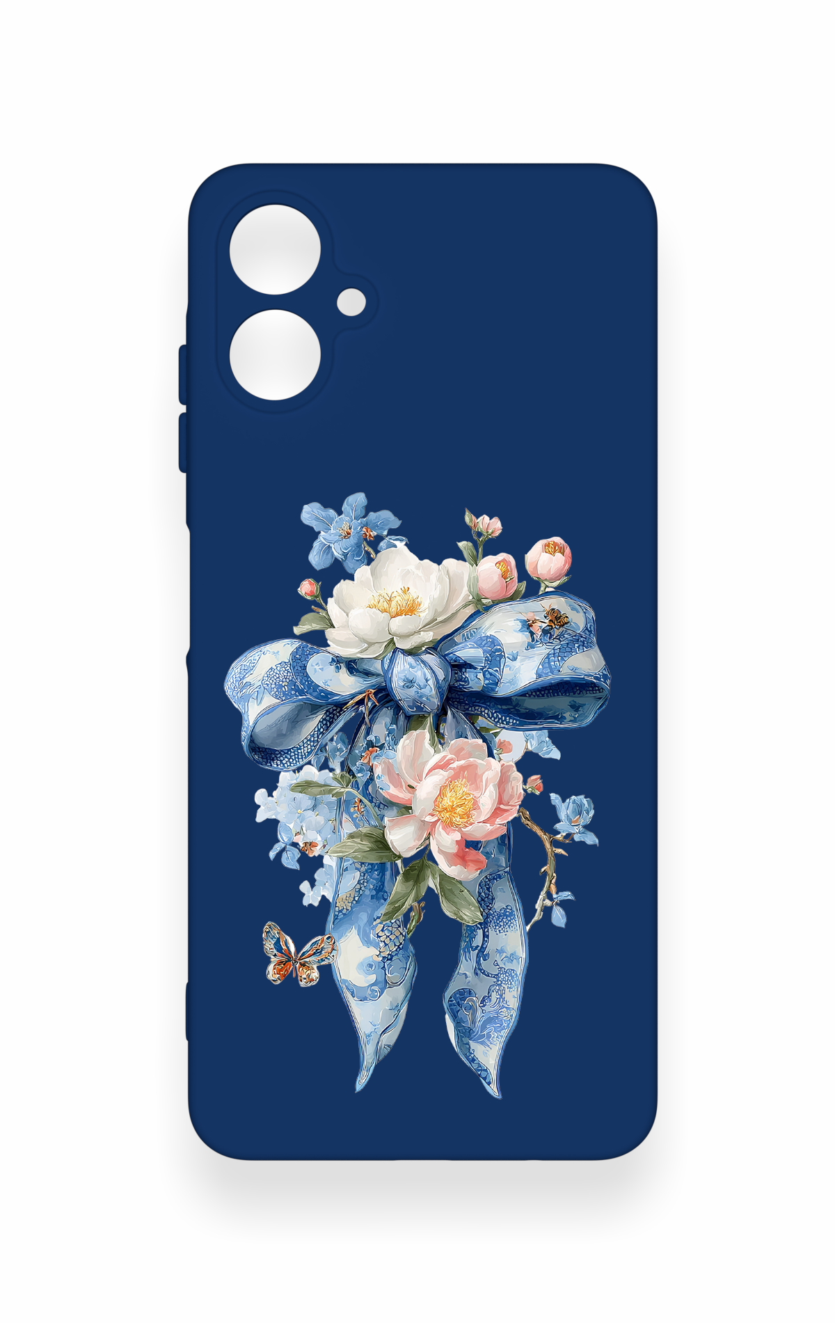 Samsung A06 Uyumlu Mavi Kurdeleli Çiçek Desenli Silikon Kılıf