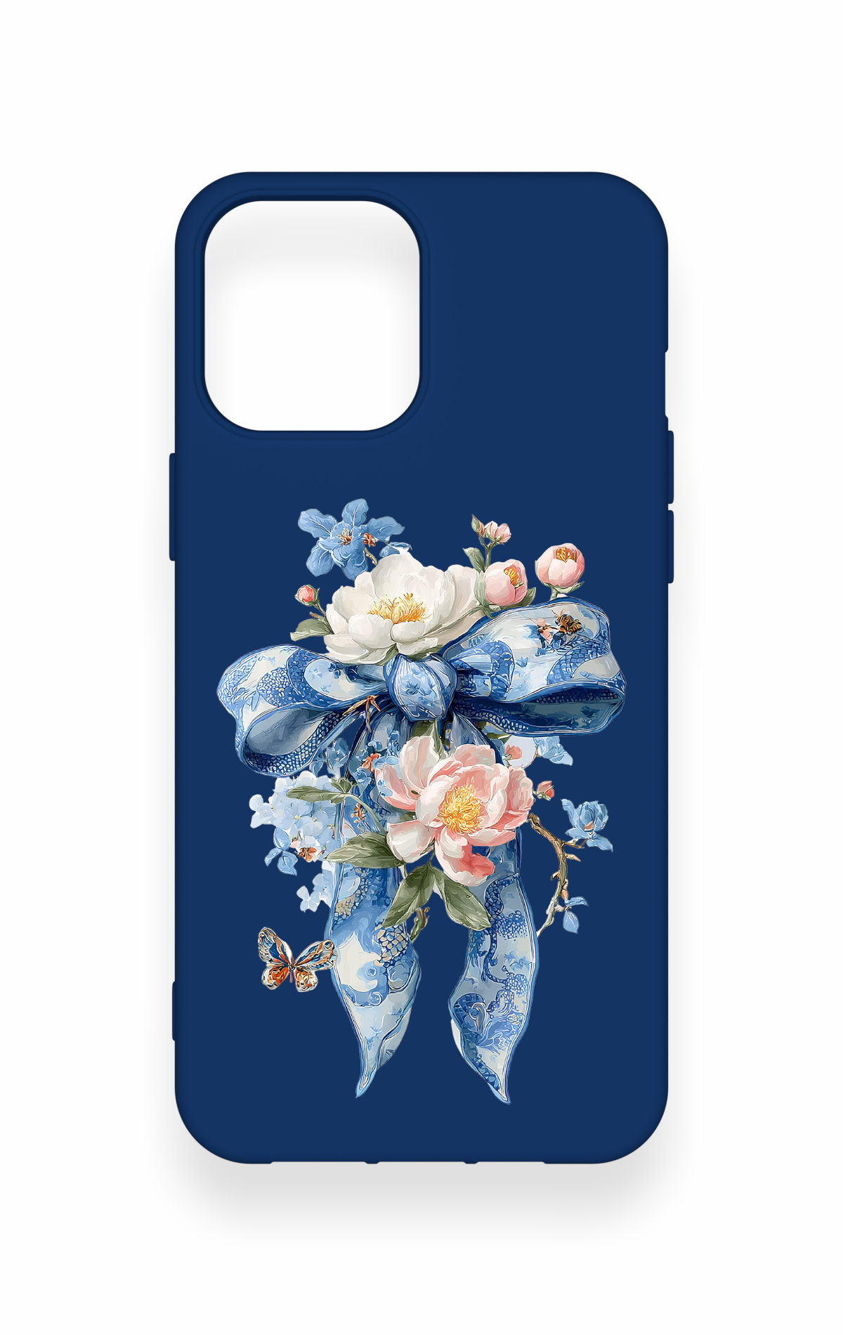 iPhone 12 Pro Max Uyumlu Mavi Kurdeleli Çiçek Desenli Silikon Kılıf