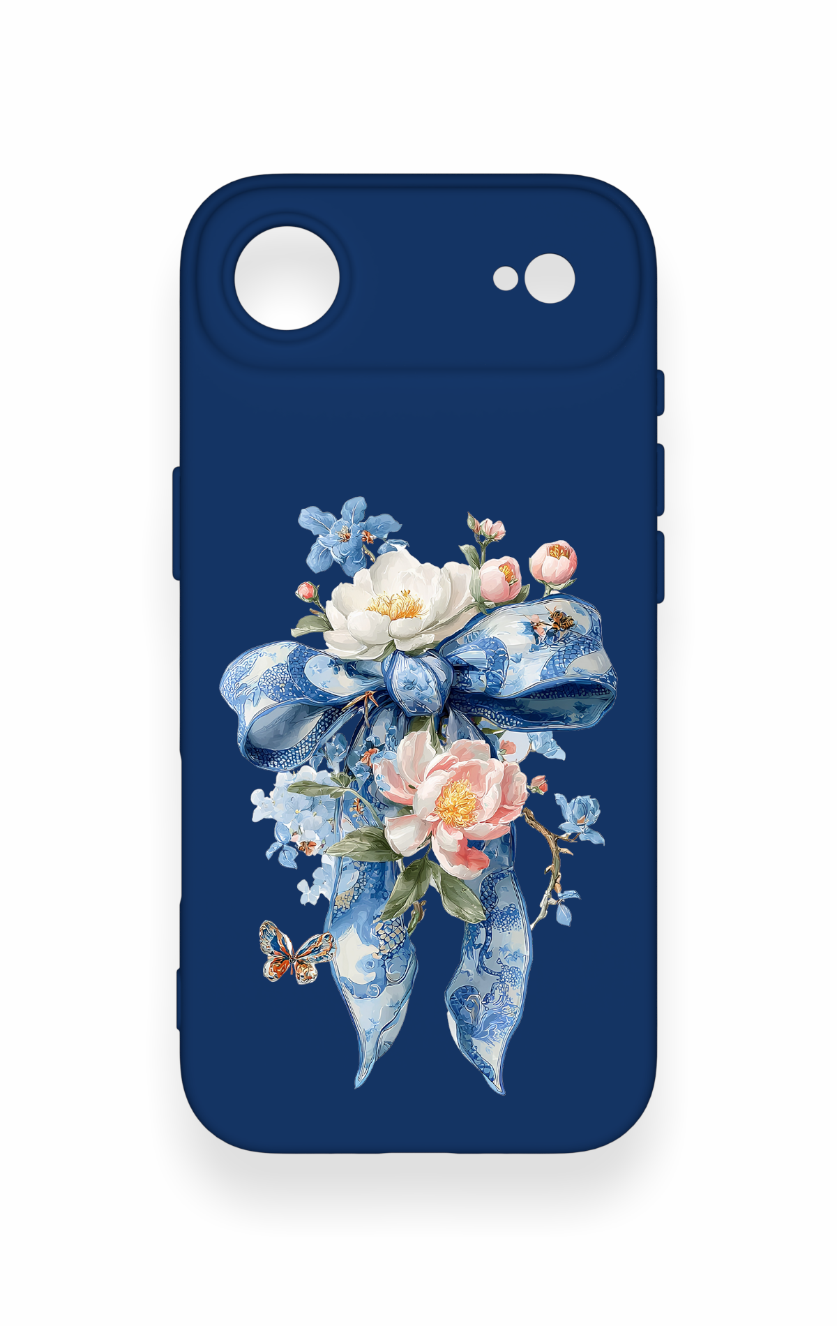 iPhone 17 Air Uyumlu Mavi Kurdeleli Çiçek Desenli Silikon Kılıf