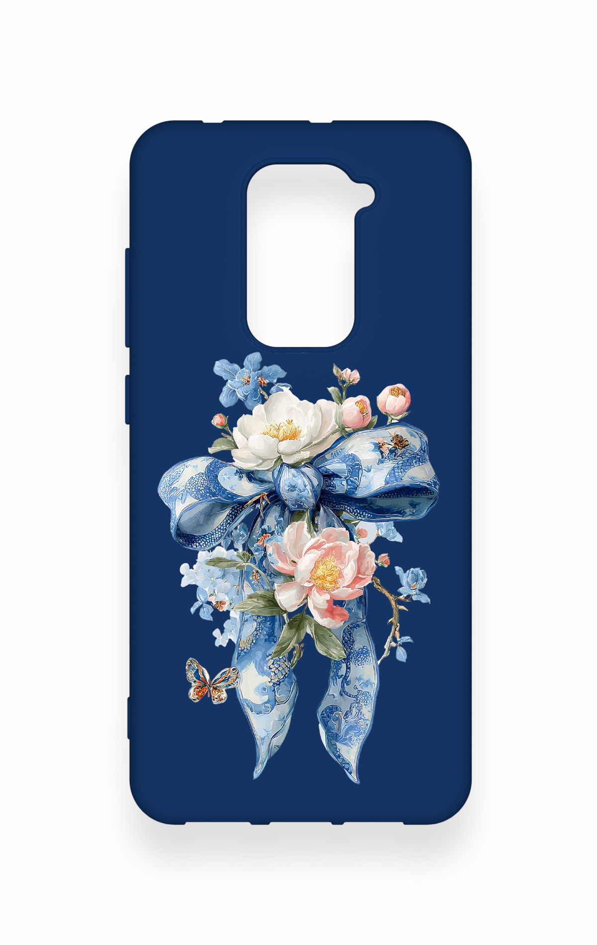 Redmi Note 9 Uyumlu Mavi Kurdeleli Çiçek Desenli Silikon Kılıf