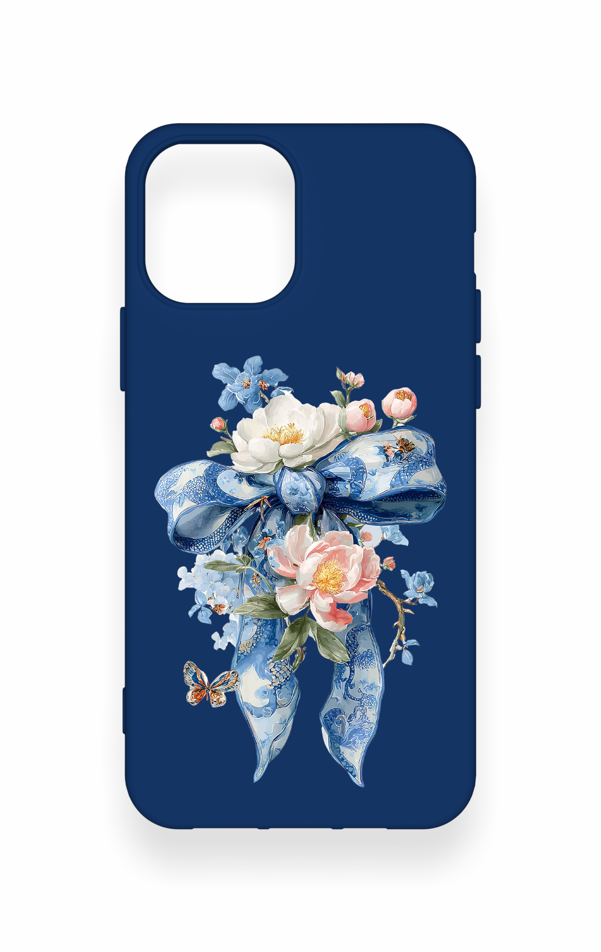 iPhone 12-12PRO Uyumlu Mavi Kurdeleli Çiçek Desenli Silikon Kılıf
