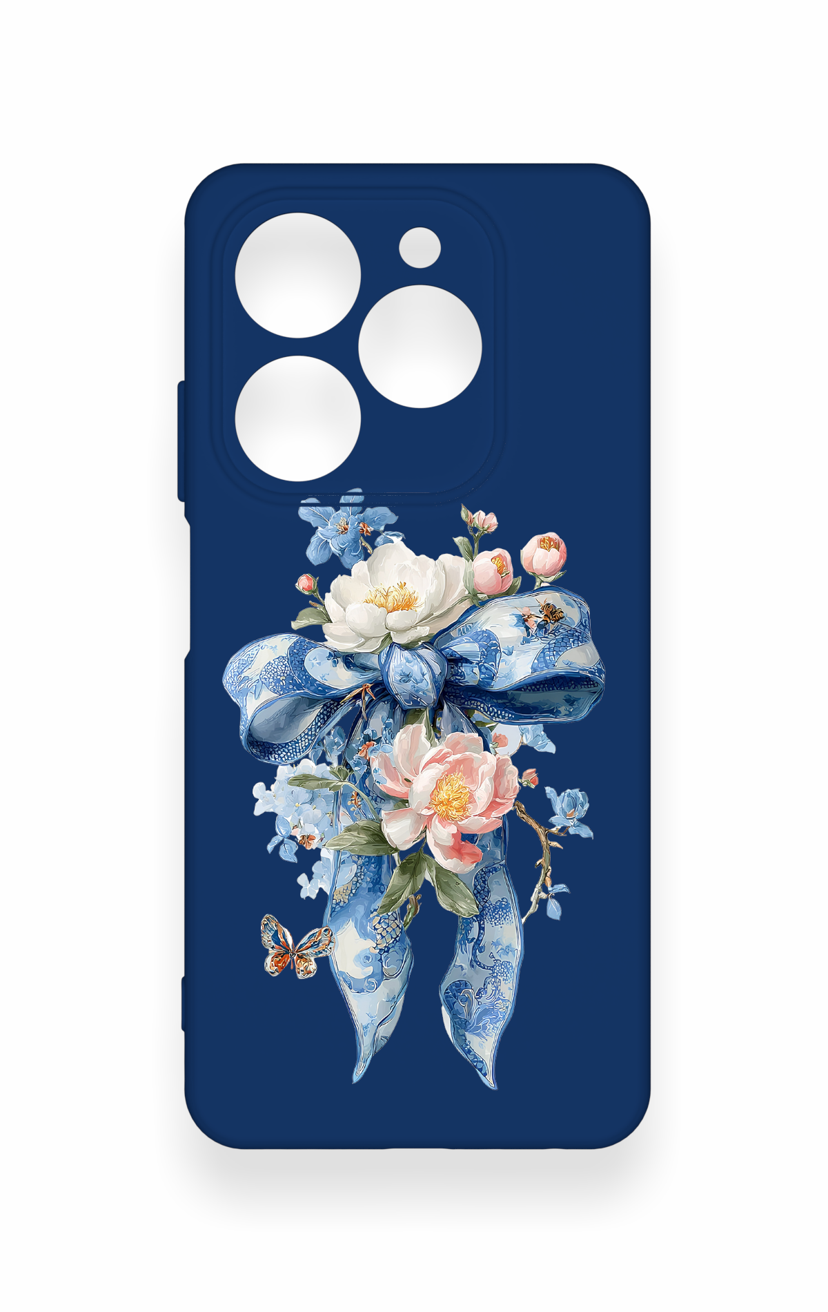 Tecno Spark 20C Uyumlu Mavi Kurdeleli Çiçek Desenli Silikon Kılıf