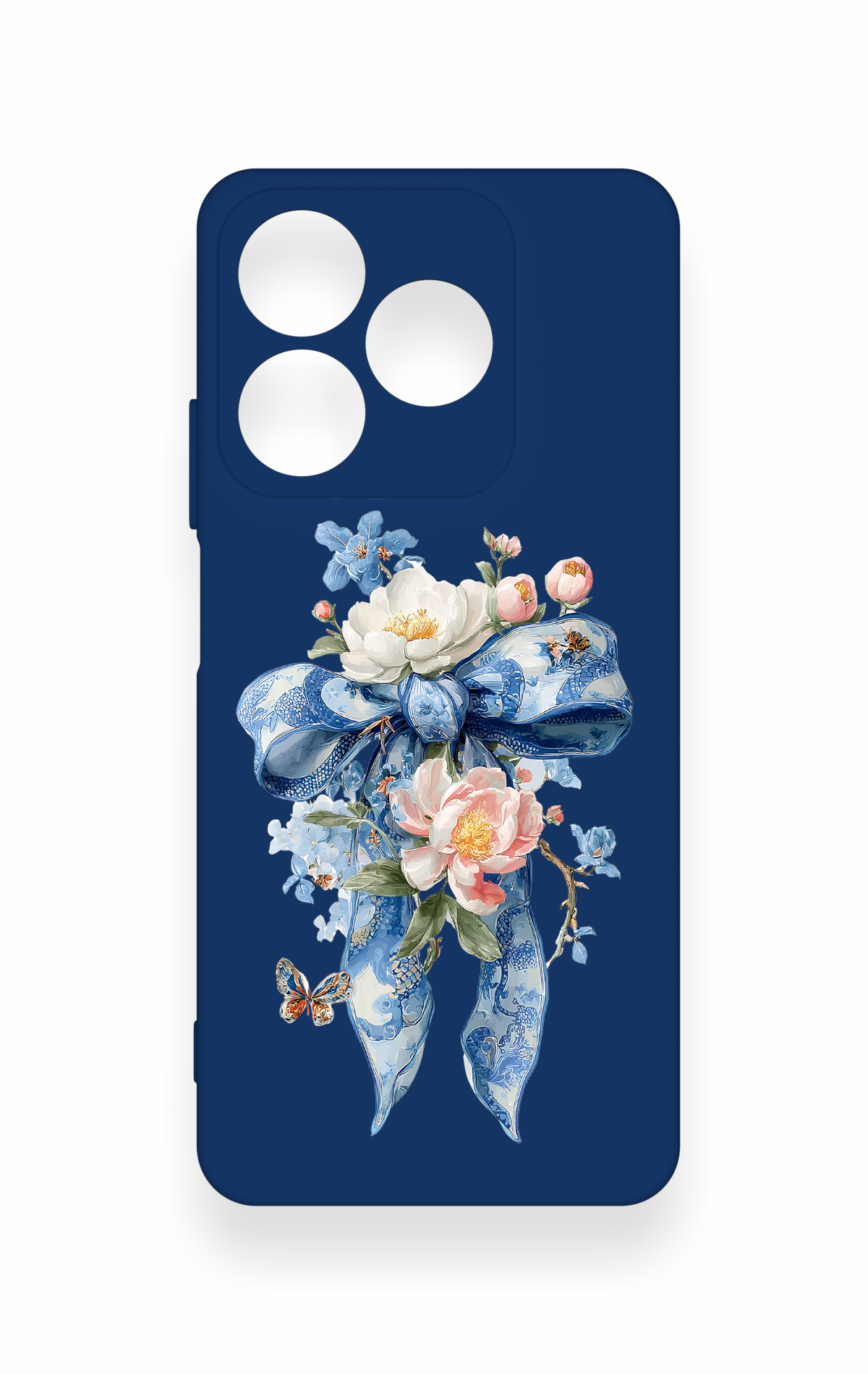 Realme C63 Uyumlu Mavi Kurdeleli Çiçek Desenli Silikon Kılıf