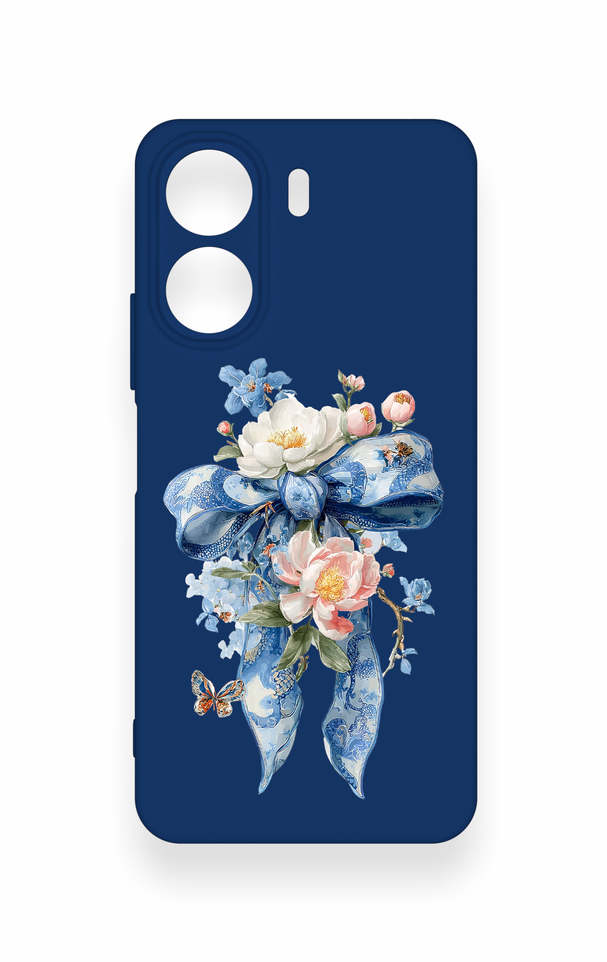 Redmi 13C Uyumlu Mavi Kurdeleli Çiçek Desenli Silikon Kılıf