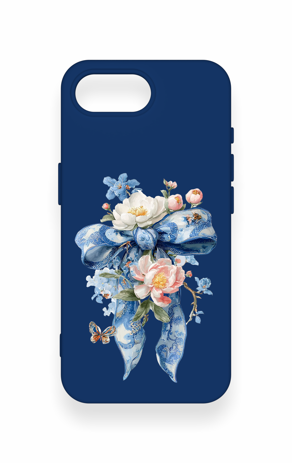 iPhone 16E Uyumlu Mavi Kurdeleli Çiçek Desenli Silikon Kılıf