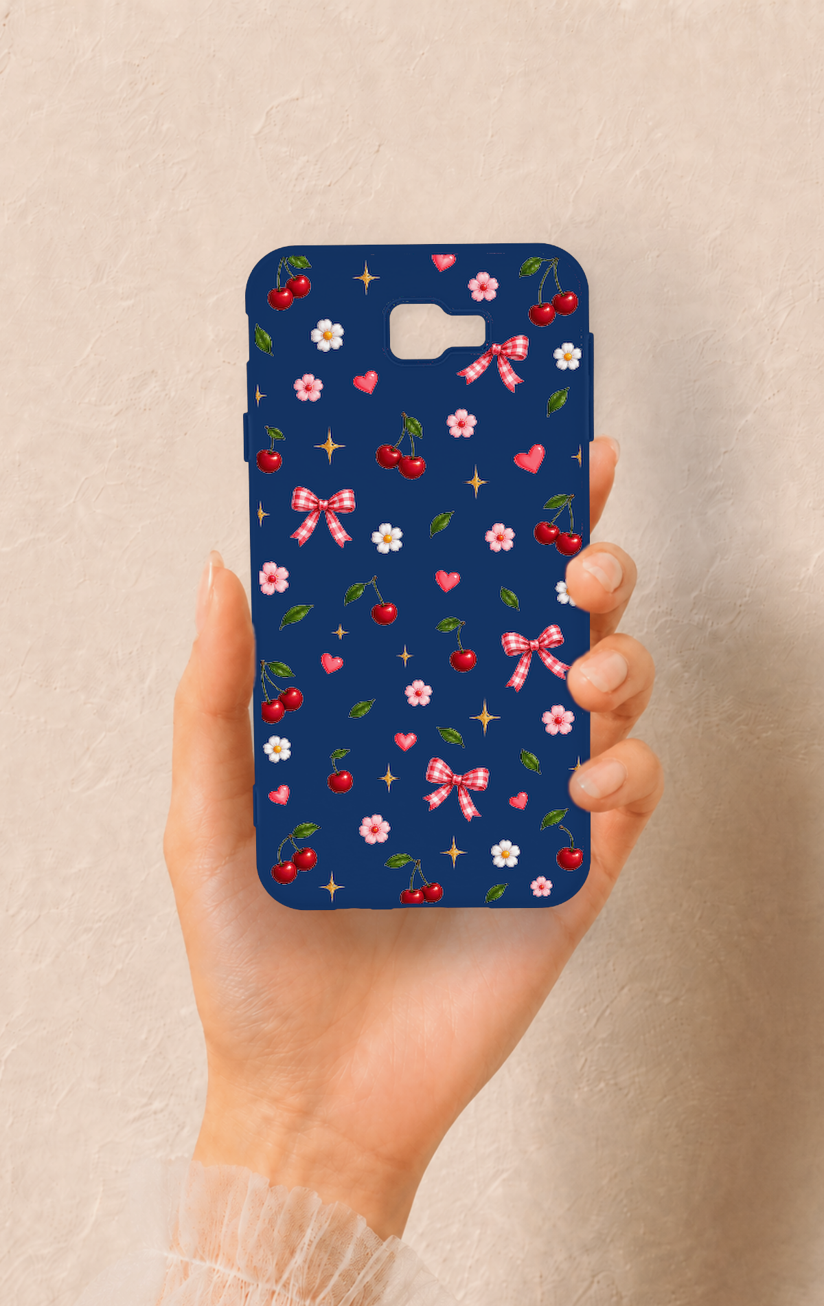Samsung J7 Prime Uyumlu Çiçek Kiraz Fiyonk Desenli Silikon Kılıf