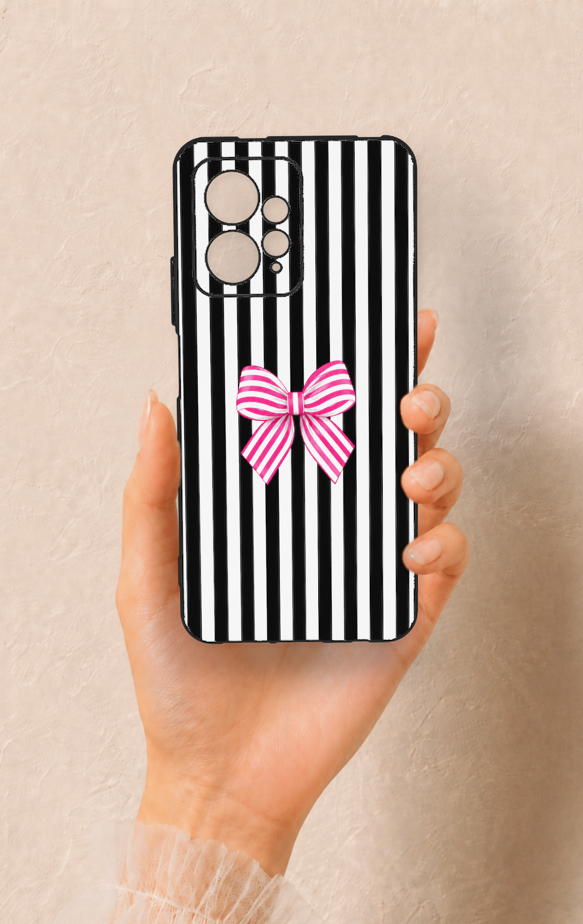 Redmi Note 12 4G Uyumlu Pembe Beyaz Kurdele Desenli Silikon Kılıf