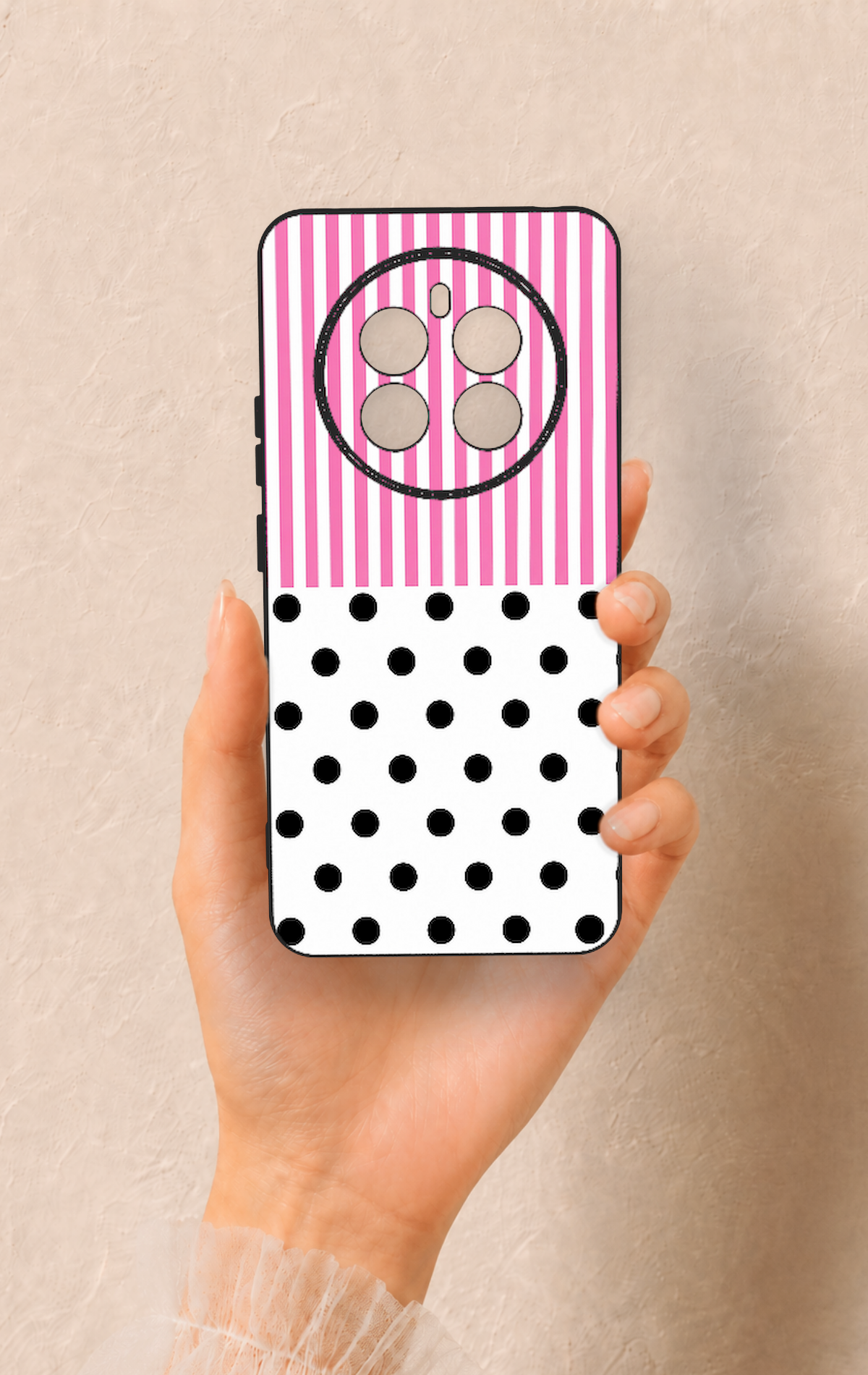 Realme 12 4G Uyumlu Pembe Çizgili Puantiye Desenli Silikon Kılıf