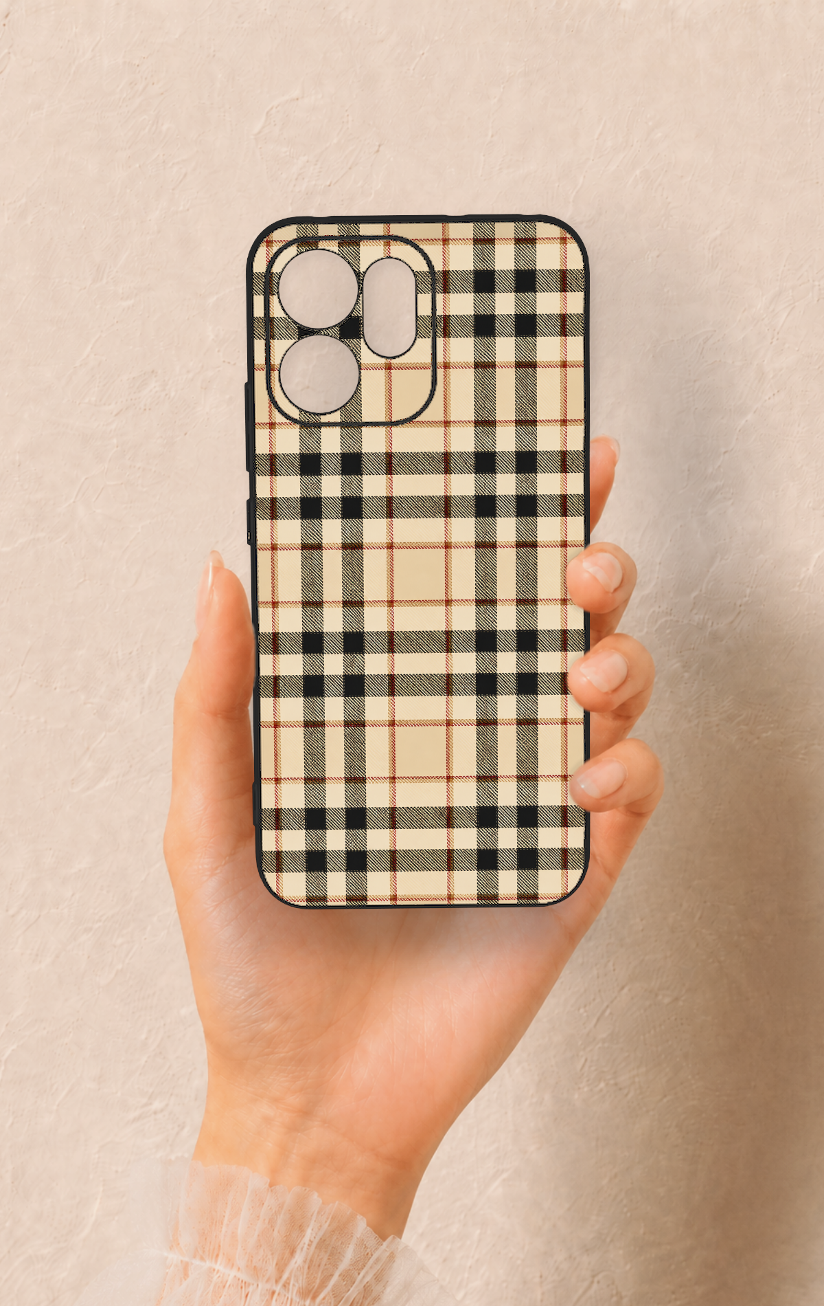 Oppo Reno 14F Uyumlu Karamel Siyah Ekose Desenli Silikon Kılıf