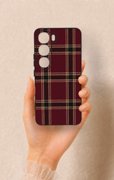 Vivo V40 Lite 5G Uyumlu Bordo Siyah Ekose Desenli Silikon Kılıf