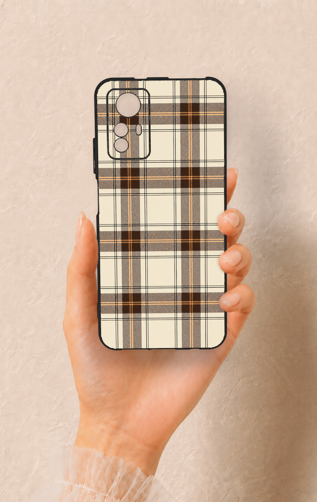 Redmi Note 12S Uyumlu Bej Kahverengi Ekose Desenli Silikon Kılıf