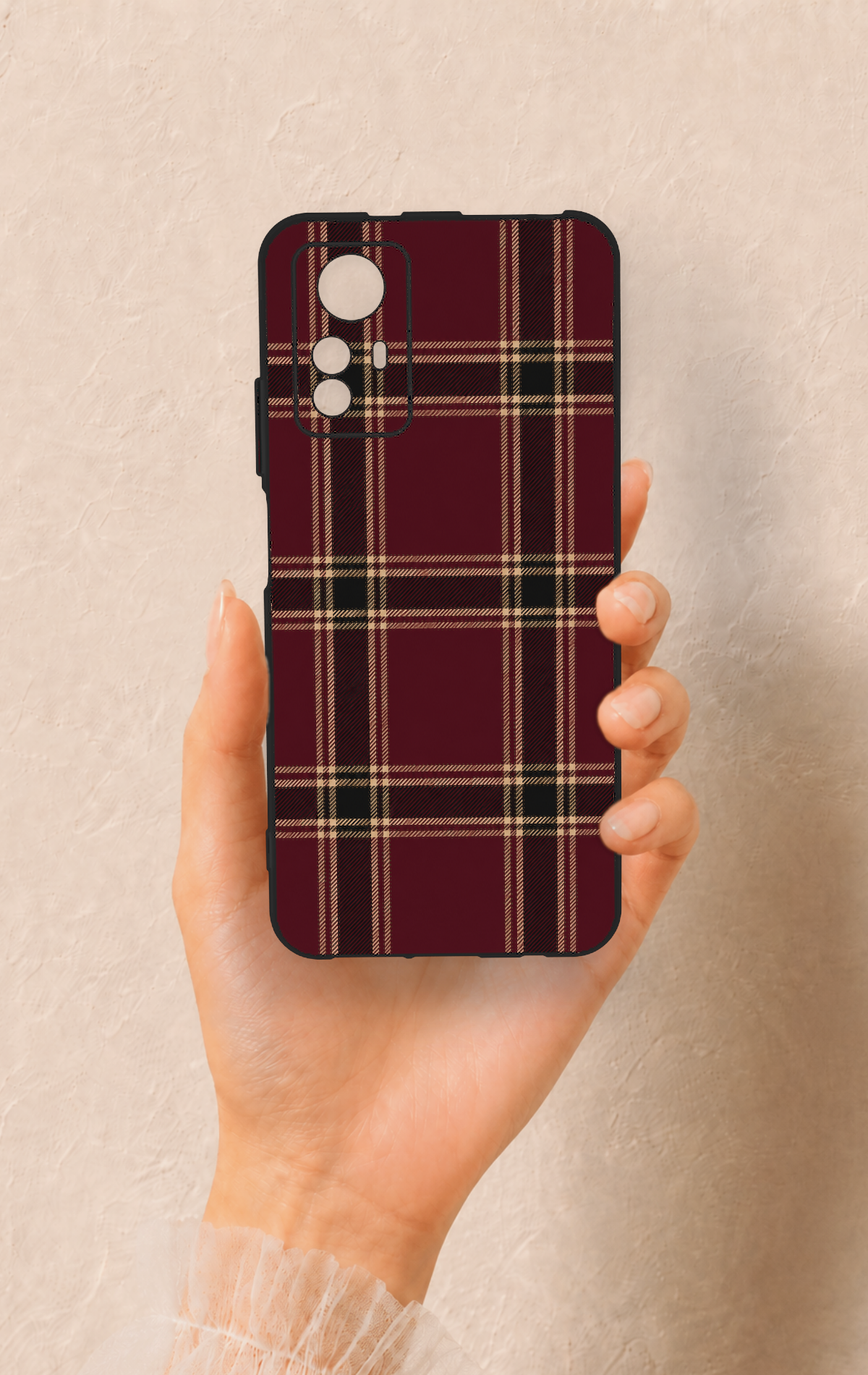 Redmi Note 12S Uyumlu Bordo Siyah Ekose Desenli Silikon Kılıf