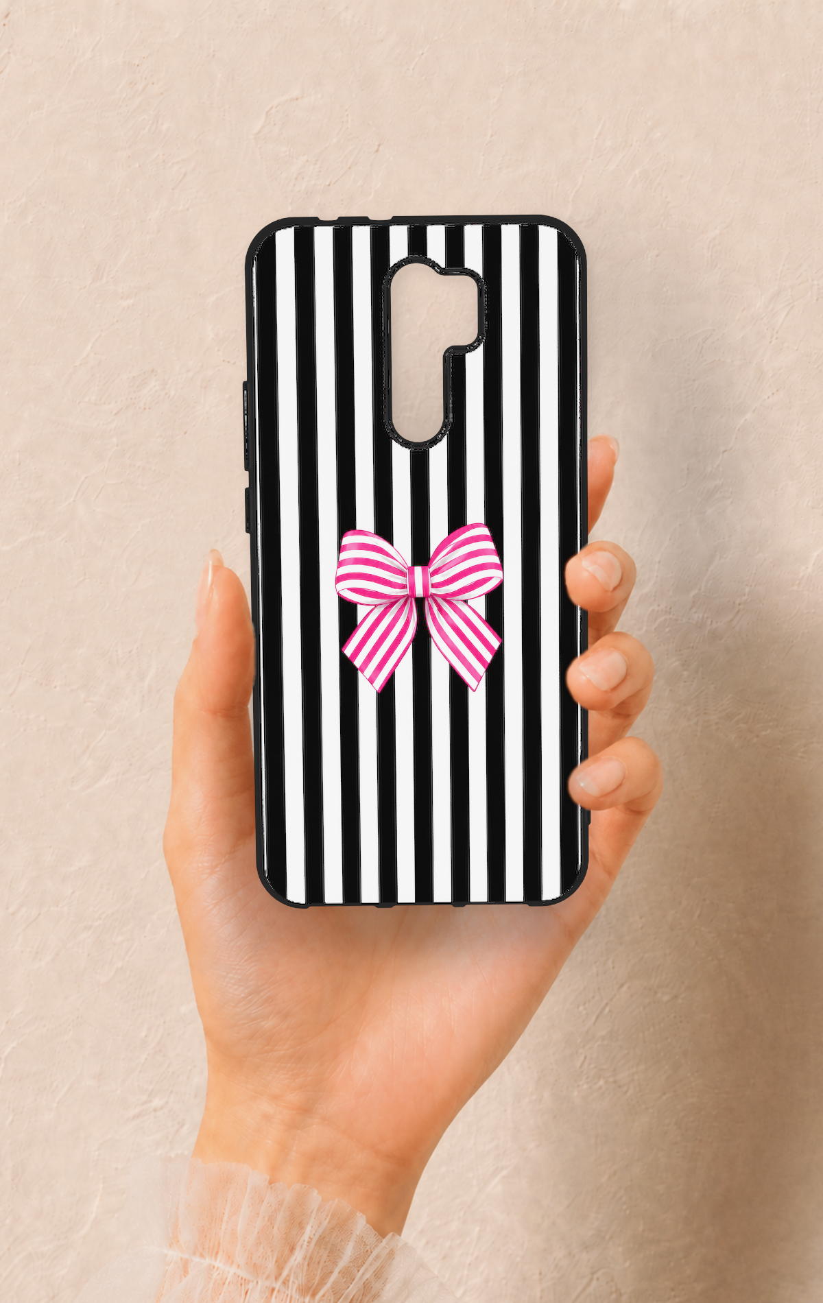 Redmi 9 Uyumlu Pembe Beyaz Kurdele Desenli Silikon Kılıf