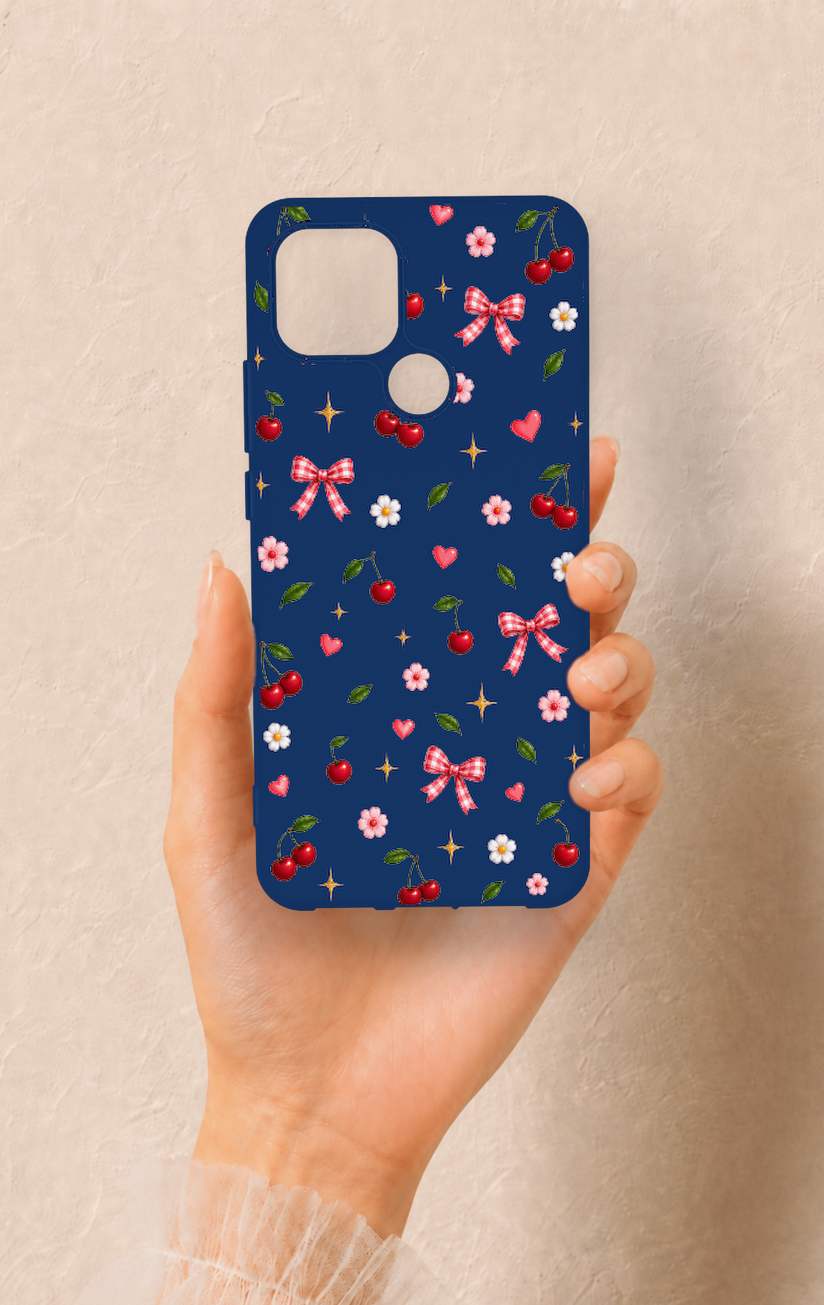Oppo A15 Uyumlu Çiçek Kiraz Fiyonk Desenli Silikon Kılıf
