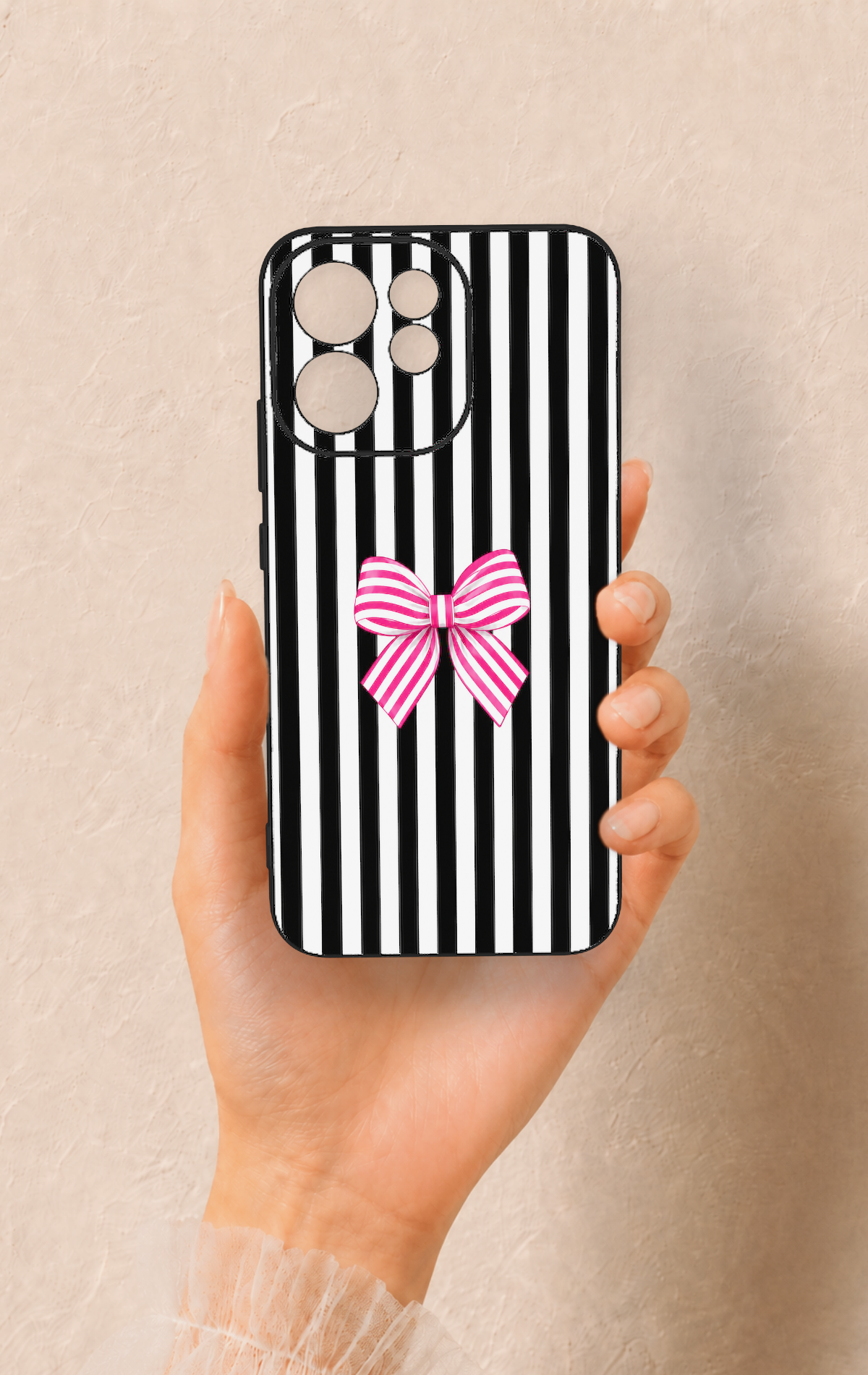 Oppo Reno 15F Uyumlu Pembe Beyaz Kurdele Desenli Silikon Kılıf