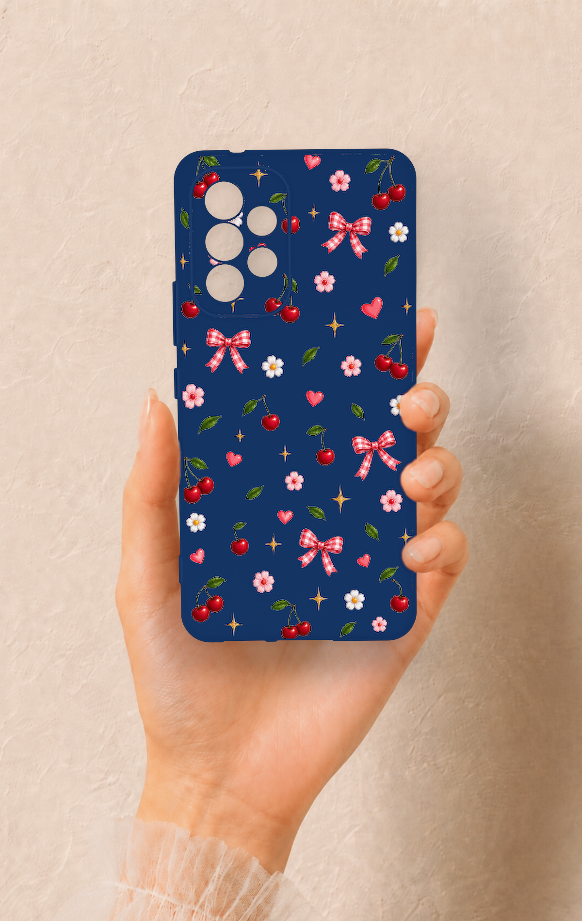 Samsung A53 Uyumlu Çiçek Kiraz Fiyonk Desenli Silikon Kılıf