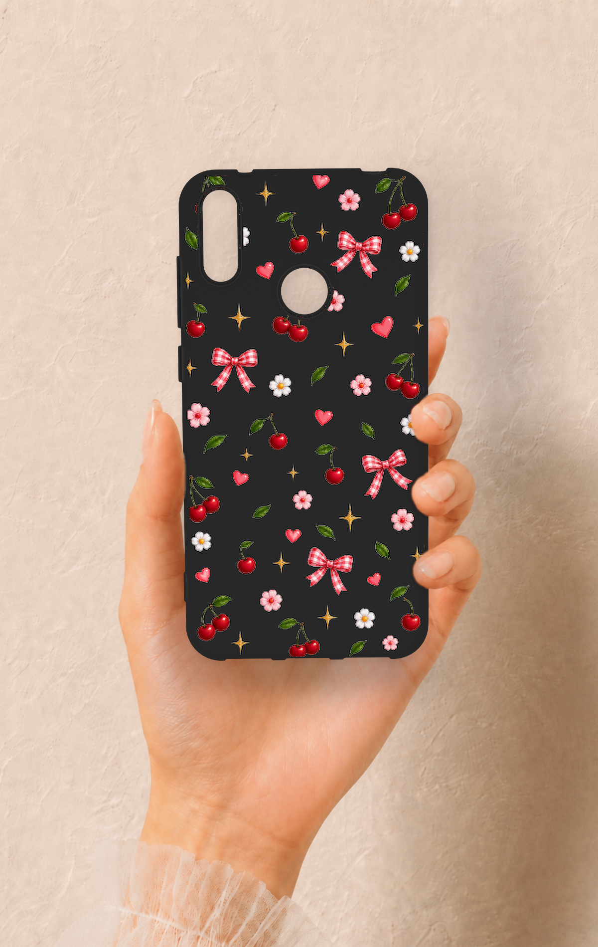 Huawei Y7 2019 Uyumlu Papatya Kiraz Fiyonk Desenli Silikon Kılıf